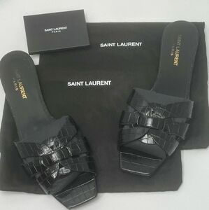 Saint Laurent Tribute Mules in Crocodile Embossed Leather